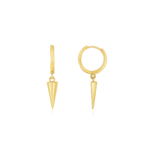 14K Yellow Gold Dangling Spike Drop Hoop Earrings